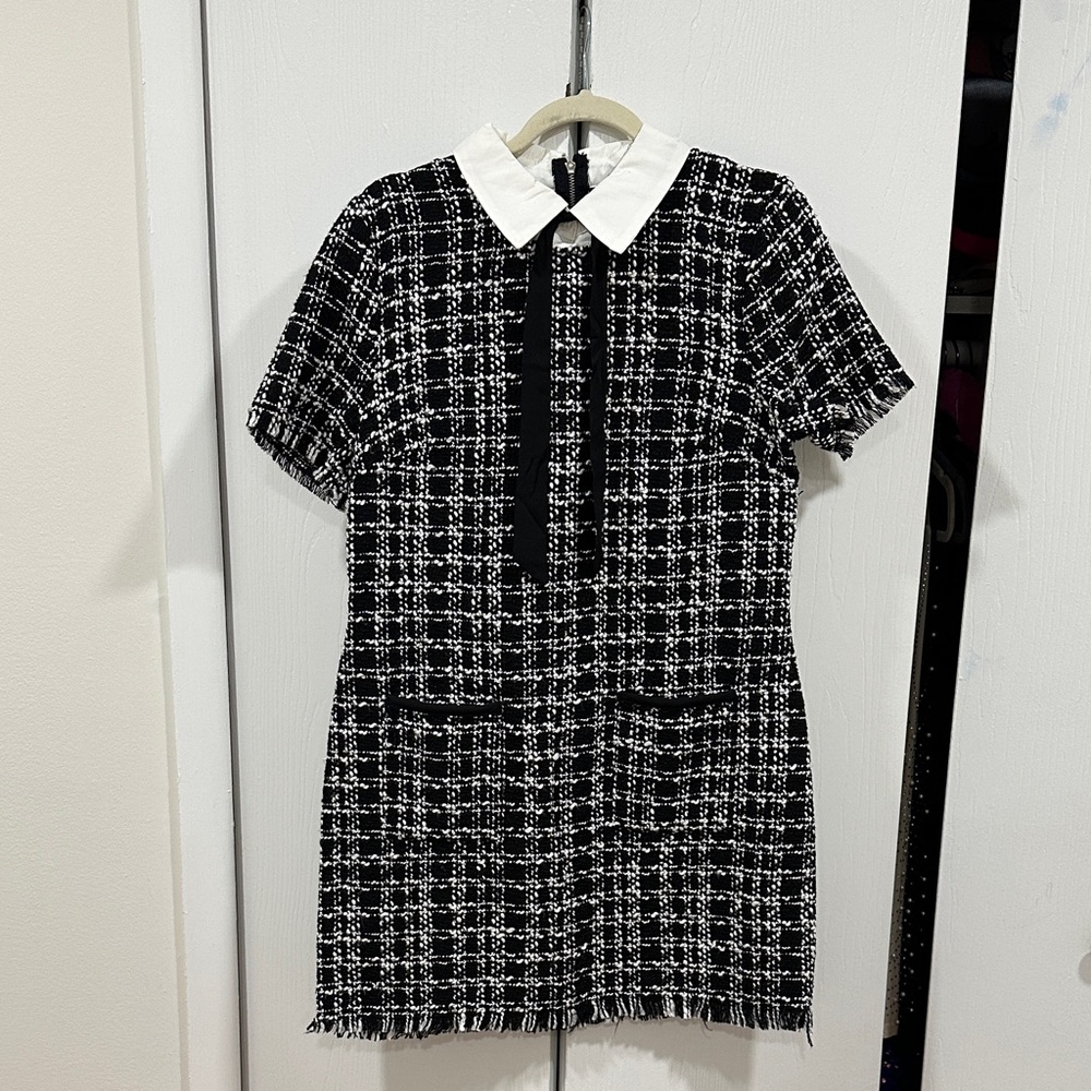 Black & White Tweed Mini Dress with Contrast Collar